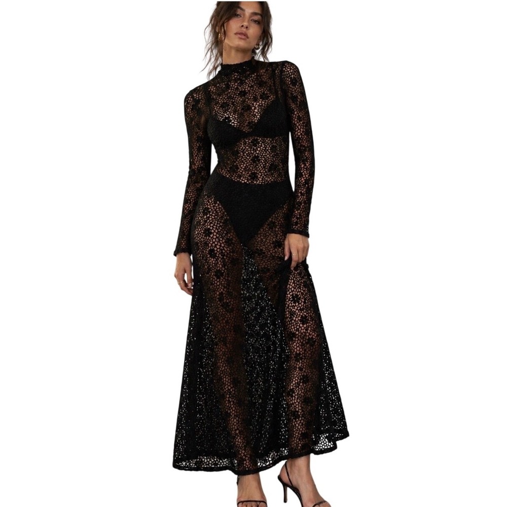 Zara Crochet Sheer Maxi Dress Swim Cover Up Mock Long Sleeve Black XS Minimalist